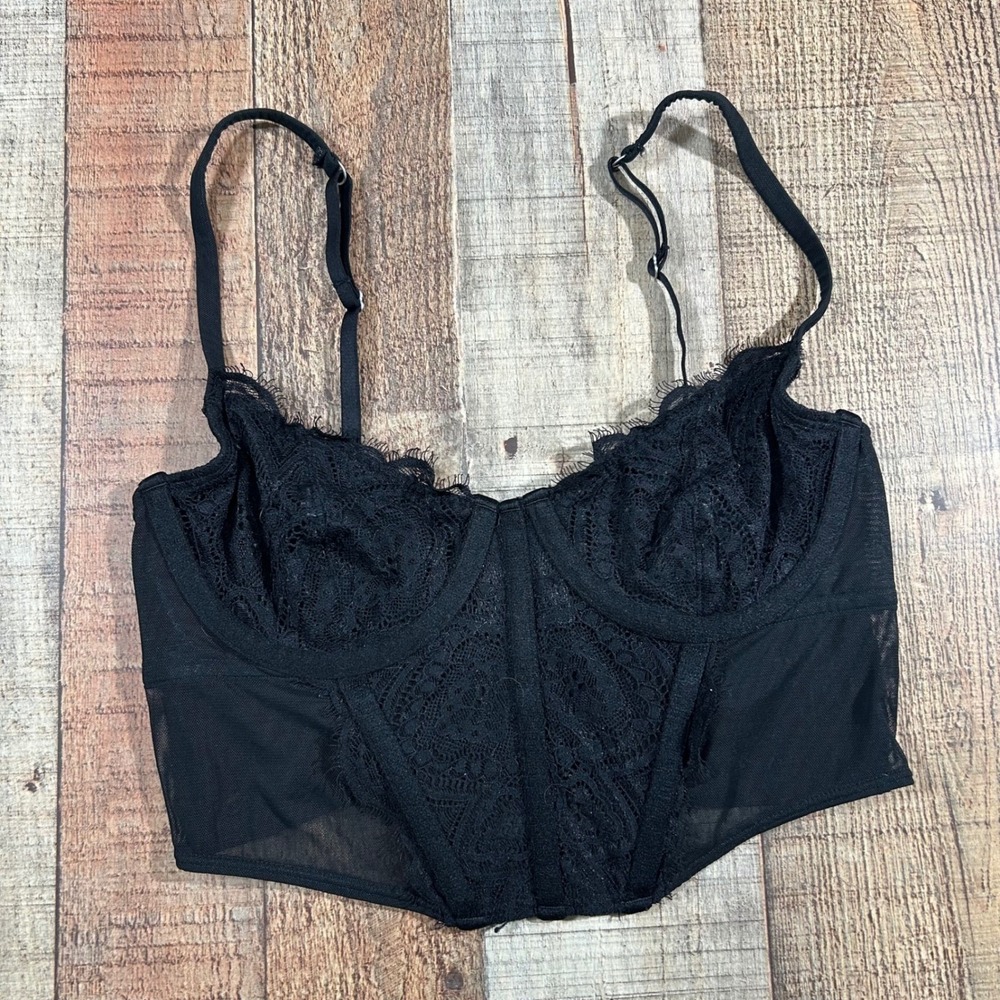 Gilly Hicks Black Lace Mesh Corset Top Small Underwire Bustier Goth Whimsigoth